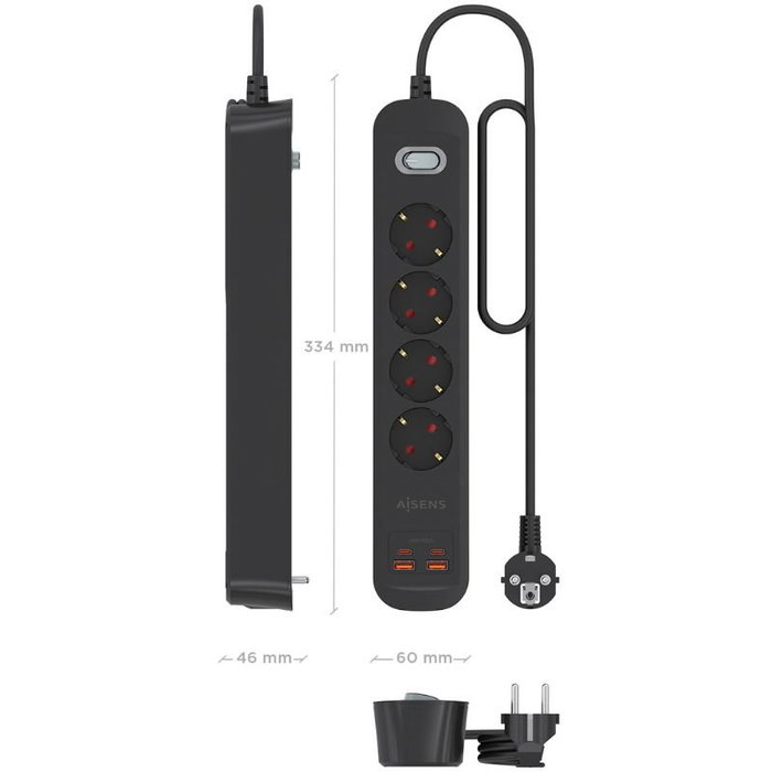Aisens Regleta con Interruptor ASPS-2A2C13-BK con 4 Tomas y 4 Puertos USB Aisens Regleta con Interruptor ASPS-2A2C13-BK con 4 Tomas y 4 Puertos USB